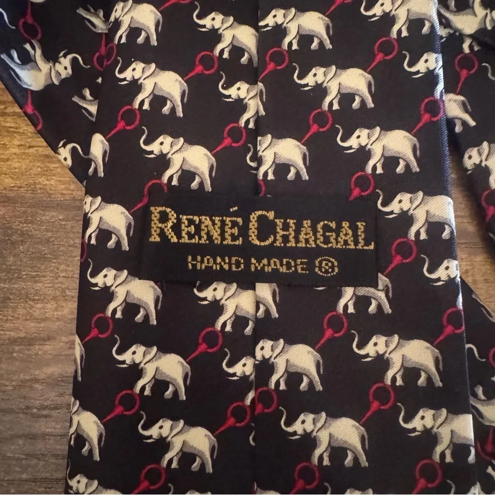 René Chagal Silk Elephant Print Tie Handmade Black Red Patterned‎